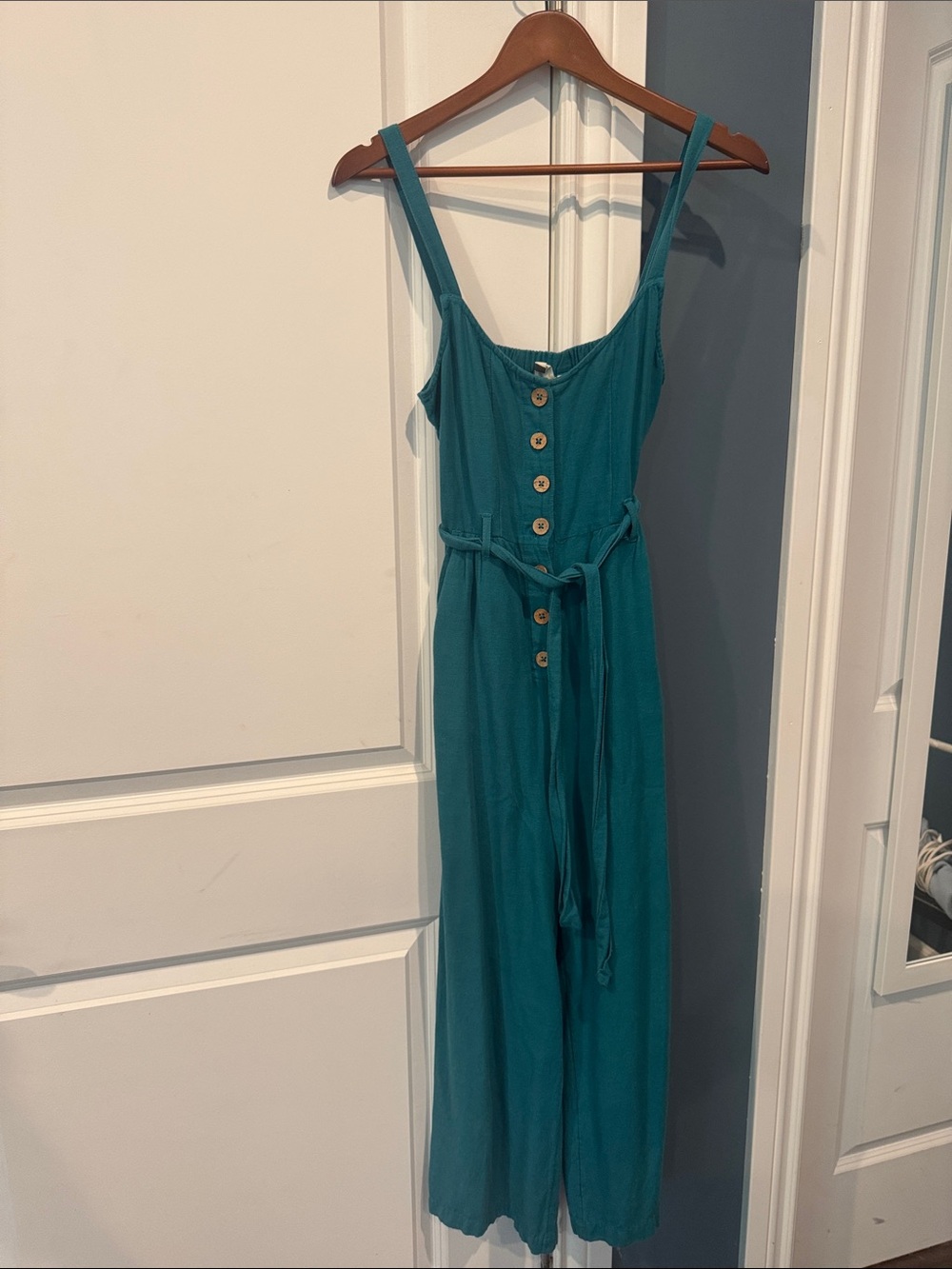 Roxy XS Teal wooden Button-Front wide leg Jumpsuit with Belt